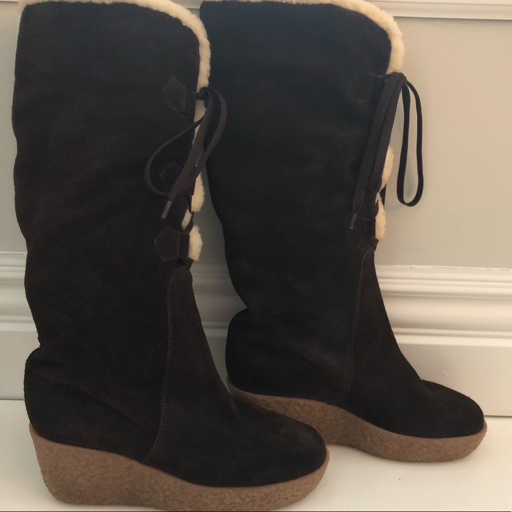 Michael Kors brown suede shearling wedge boots